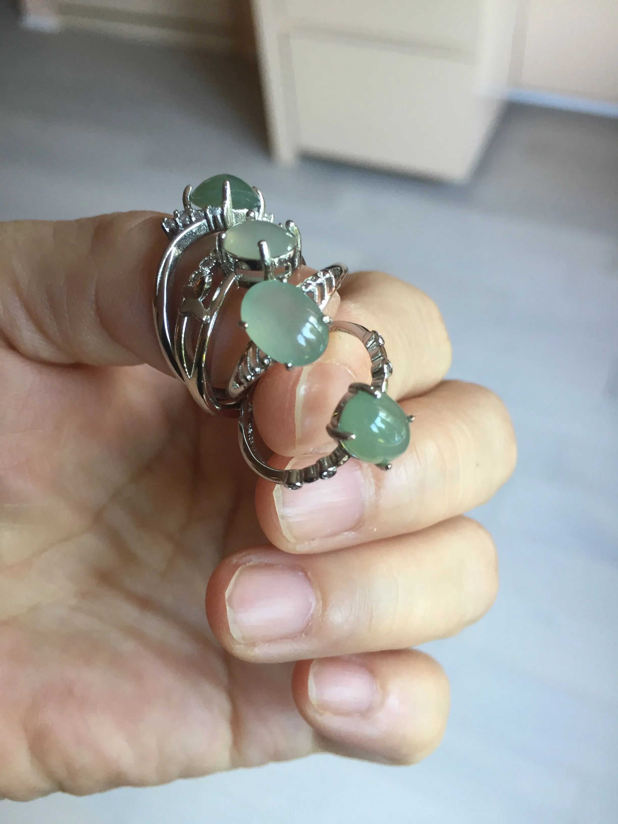 100% natural type A icy watery green dark green four-prong jadeite jade ring group BP145