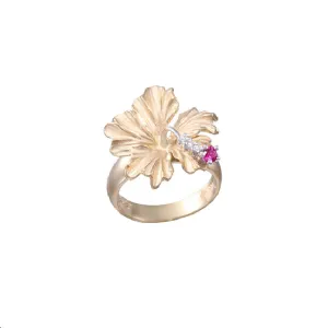 14K 20mm Hibiscus Ring with 3 Diamonds and Ruby