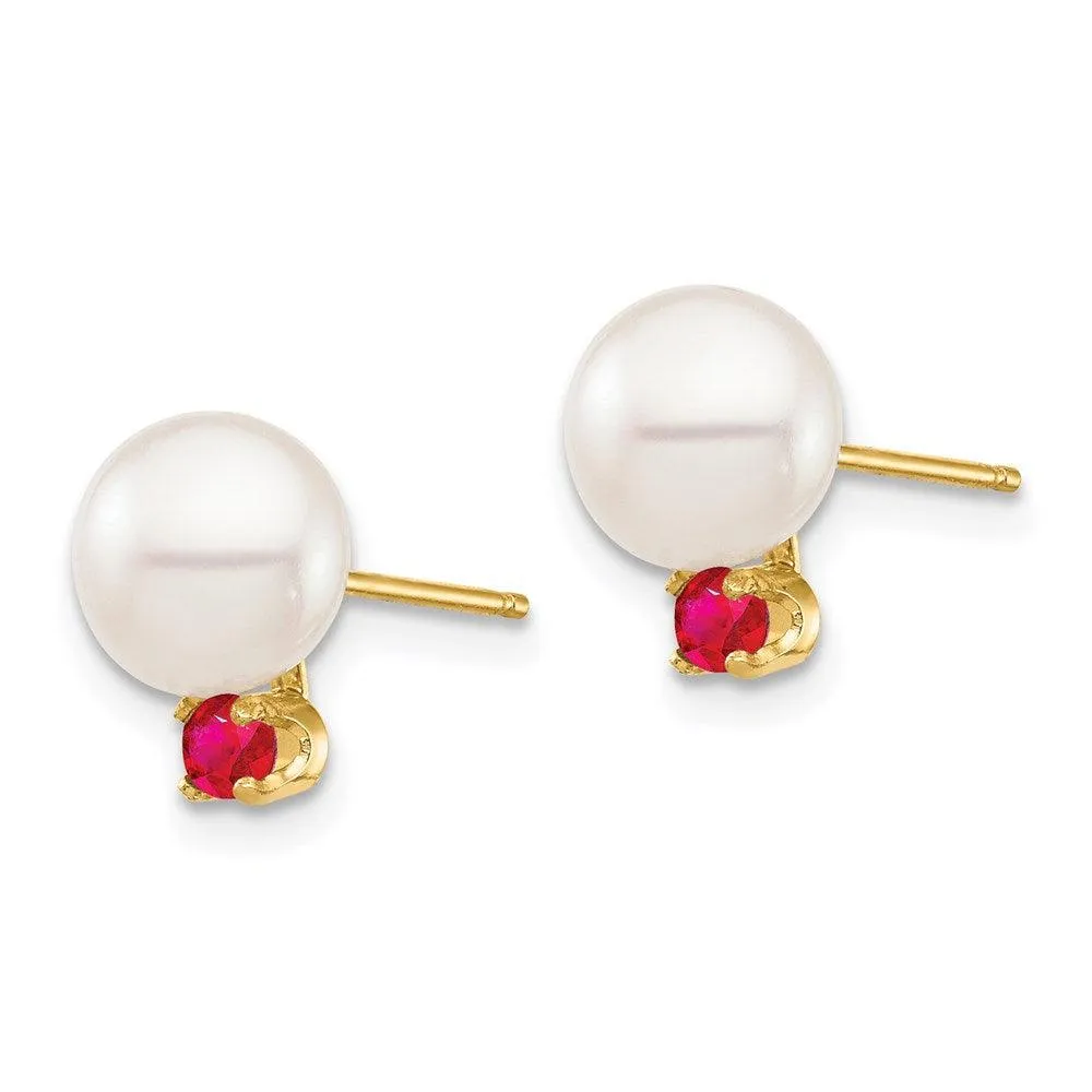 14K 7-7.5mm White Round Freshwater Cultured Pearl Ruby Post Earrings