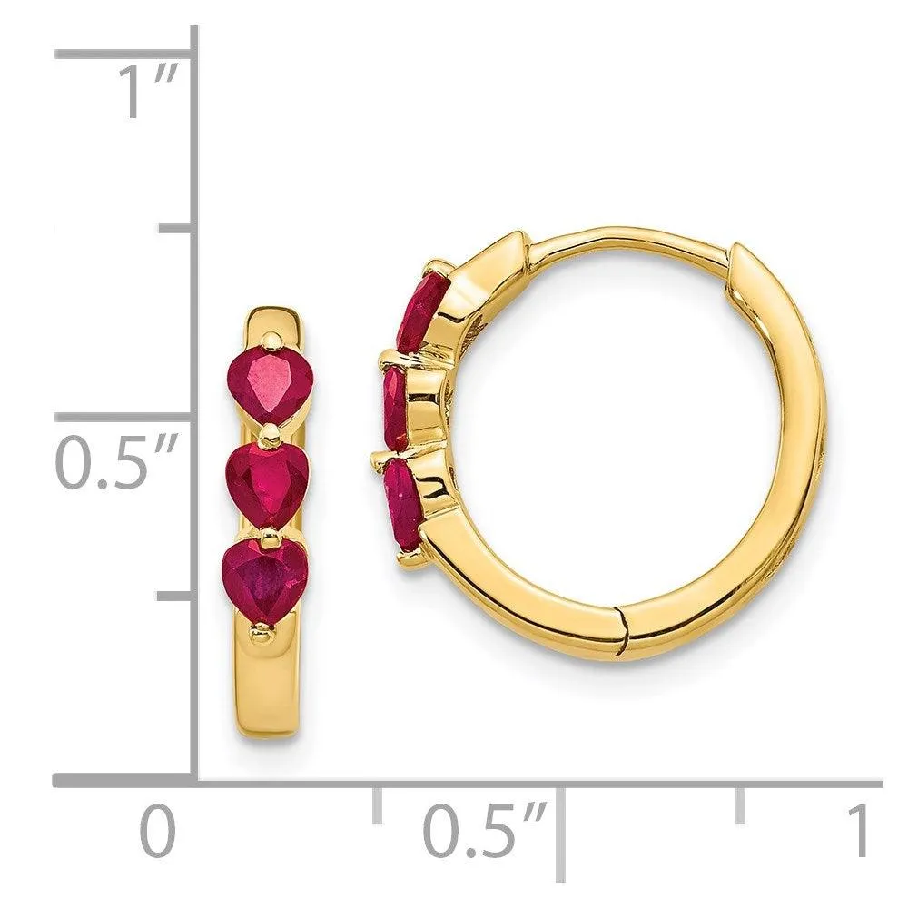 14K Gold w/ Created Ruby Polished Hoop Earrings