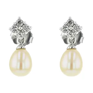 14K Pear Shape Pearl and Diamond Dangle Earrings