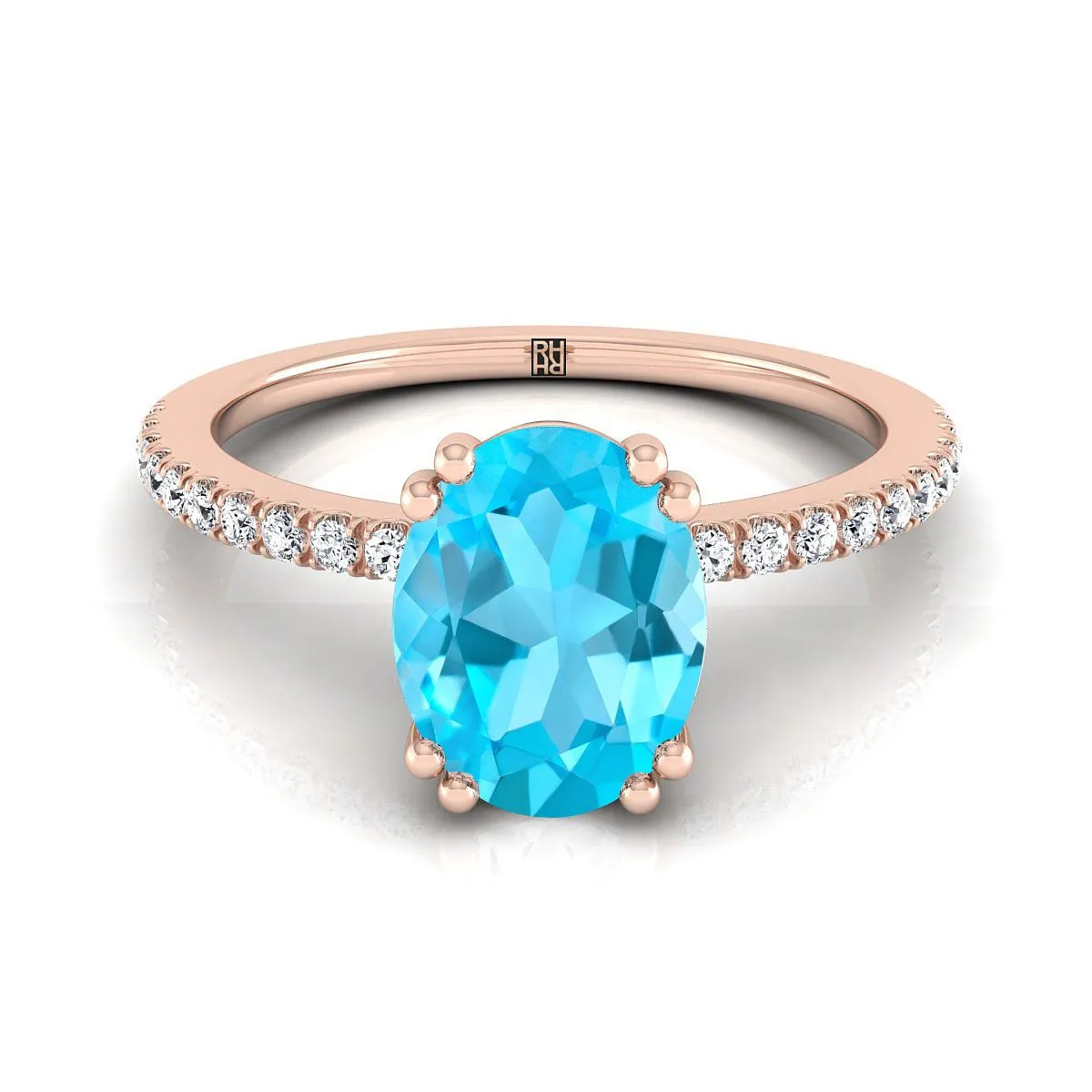 14K Rose Gold Oval Swiss Blue Topaz Simple French Pave Double Claw Prong Diamond Engagement Ring -1/6ctw