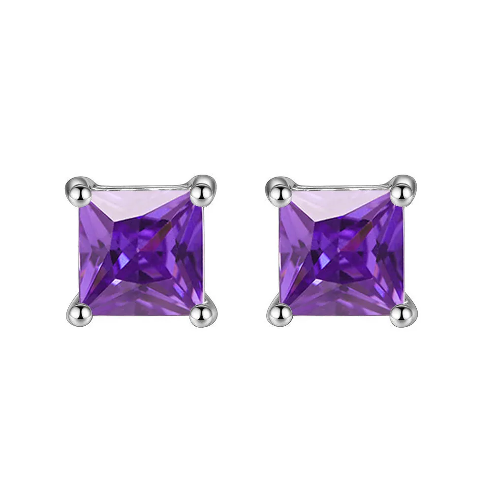 14k White Gold Plated 1 Carat Princess Cut Created Amethyst Sapphire Stud Earrings