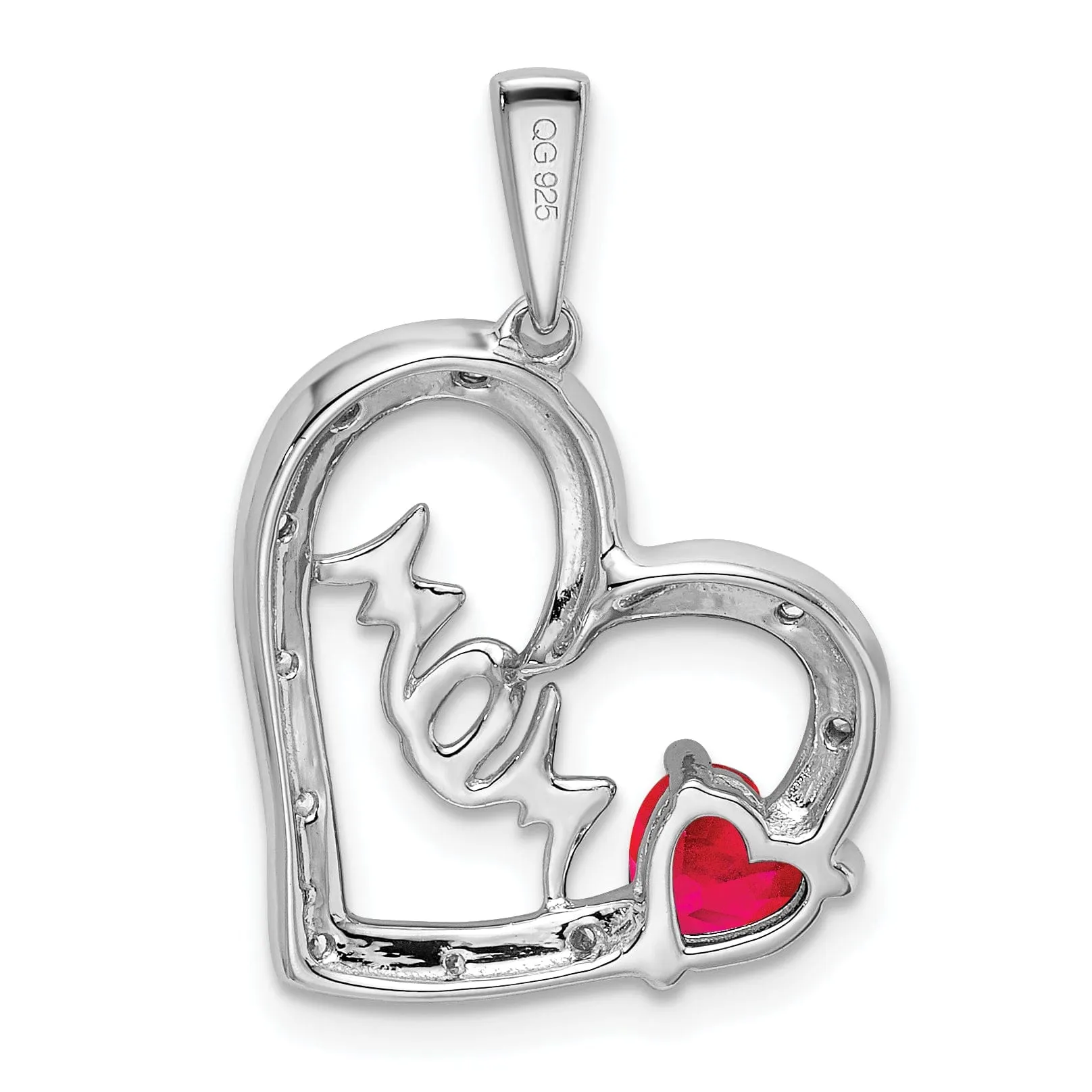 14k White Gold Polished Finish Open Back 0.575-CT Ruby & 0.05-CT Diamond MOM Stone in Heart Design Charm Pendant