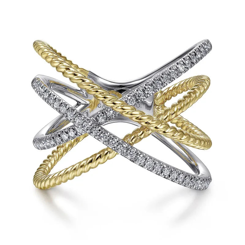 14K White-Yellow Gold Twisted Rope and Diamond Criss Cross Ring