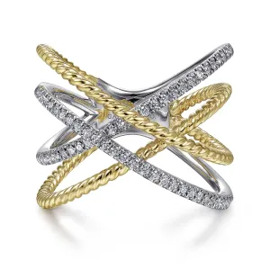 14K White-Yellow Gold Twisted Rope and Diamond Criss Cross Ring