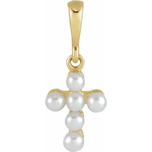 14K Yellow Gold Cultured White Seed Pearl Youth Cross Pendant