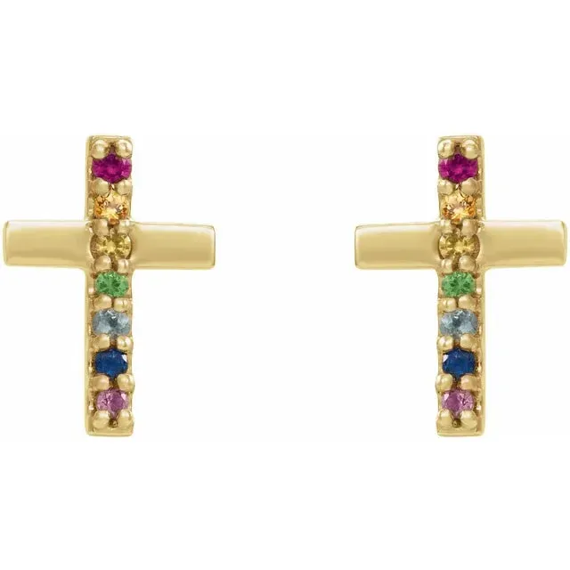 14K Yellow Gold Natural Multi-Gemstone Cross Earrings