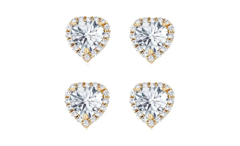 14k Yellow Gold Plated 4Ct Heart White Sapphire Set of Two Halo Stud Earrings