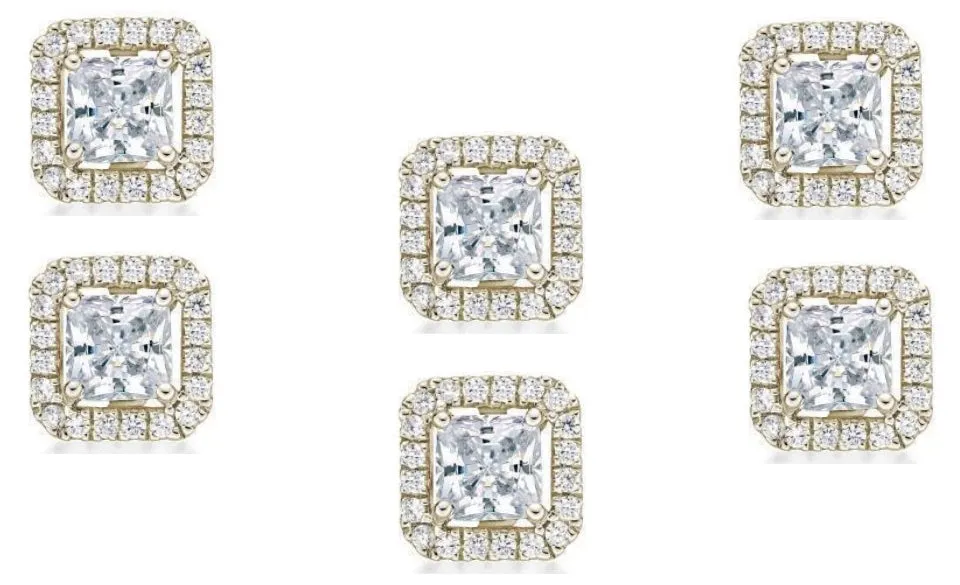 14k Yellow Gold Plated 4Ct Princess Cut White Sapphire Set of Three Halo Stud Earrings