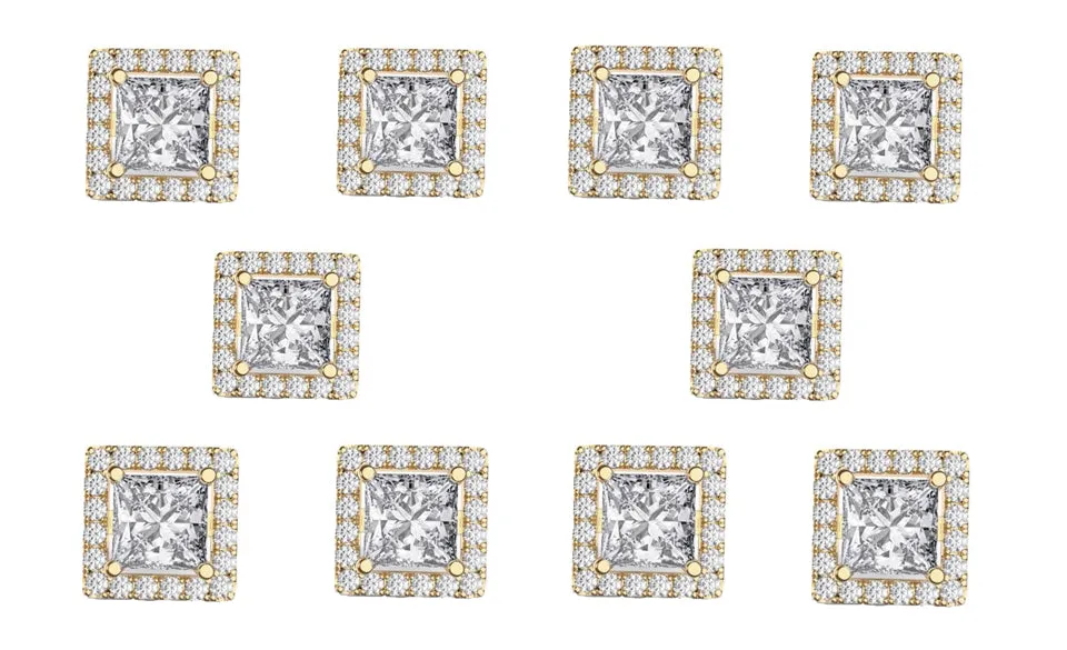 14k Yellow Gold Plated 4mm 3Ct Square Cut White Sapphire Set of Five Halo Stud Earrings