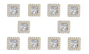 14k Yellow Gold Plated 4mm 3Ct Square Cut White Sapphire Set of Five Halo Stud Earrings