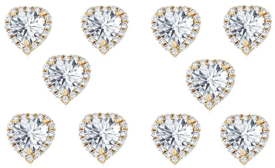 14k Yellow Gold Plated 6mm 3Ct Heart White Sapphire Set of Five Halo Stud Earrings