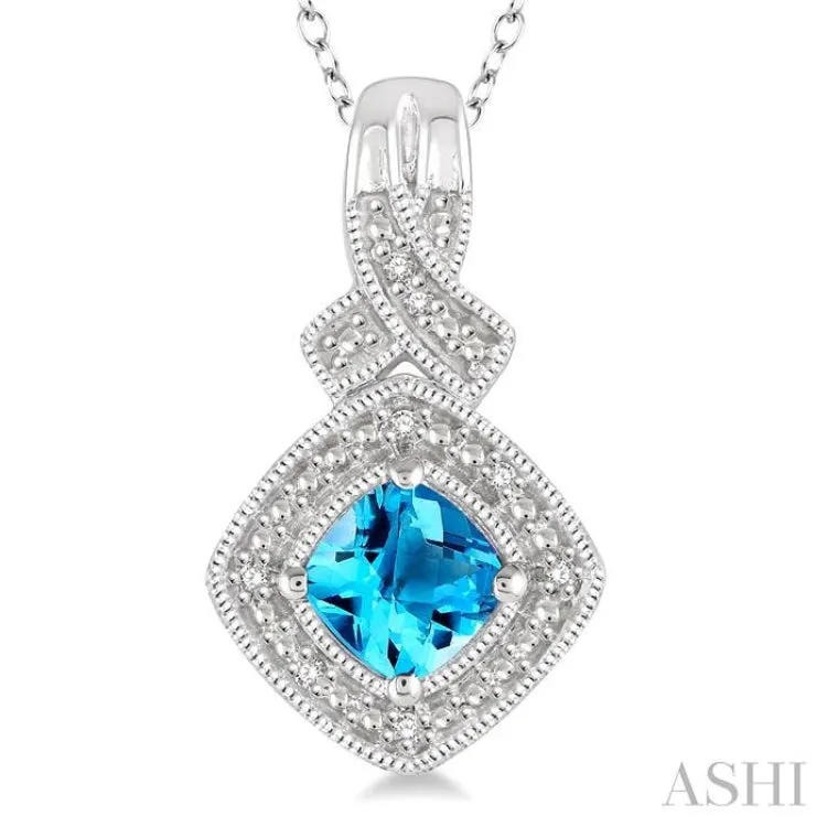 1/50 Ctw Cushion Cut 5x5mm Blue Topaz & Round Cut Diamond Sterling Silver Pendant With Cable Chain