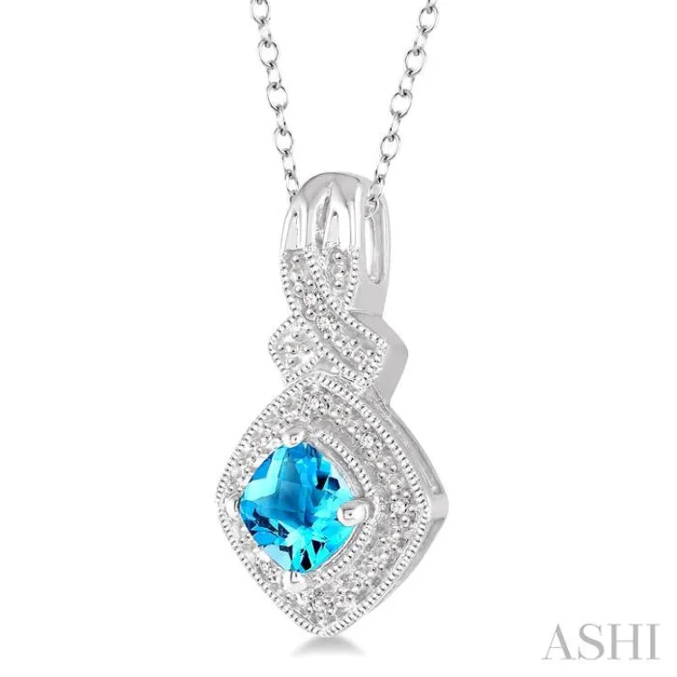 1/50 Ctw Cushion Cut 5x5mm Blue Topaz & Round Cut Diamond Sterling Silver Pendant With Cable Chain