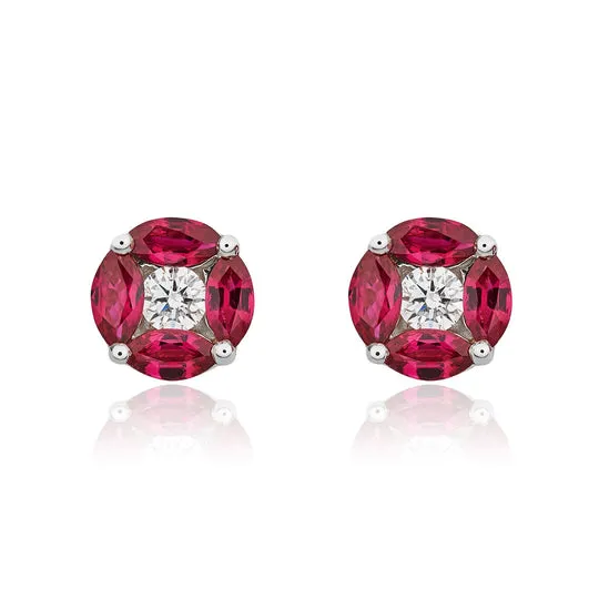 18ct White Gold Marquise Ruby & Diamond Round Cluster Earrings