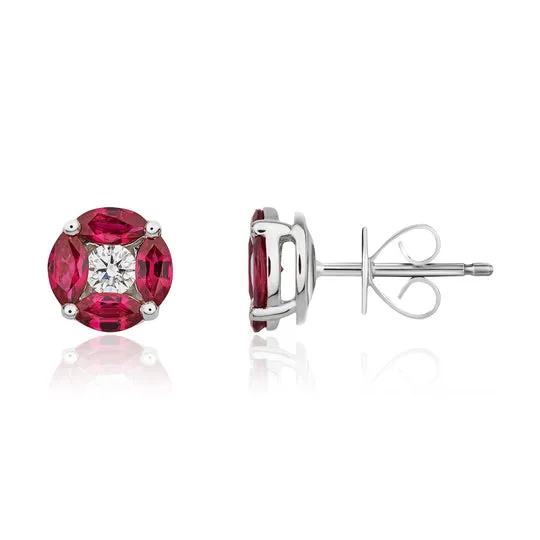 18ct White Gold Marquise Ruby & Diamond Round Cluster Earrings