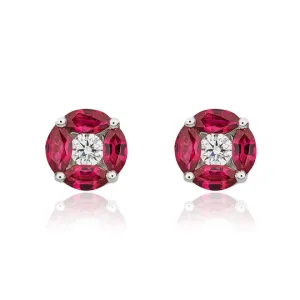 18ct White Gold Marquise Ruby & Diamond Round Cluster Earrings