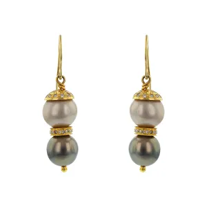 18K Gold Multicolor Pearl and Diamond Drop Earrings