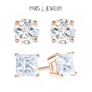 18k Rose Gold 2 Pair Moissanite Round & Princess Cut Stud Earrings Plated 4mm By Paris Jewelry