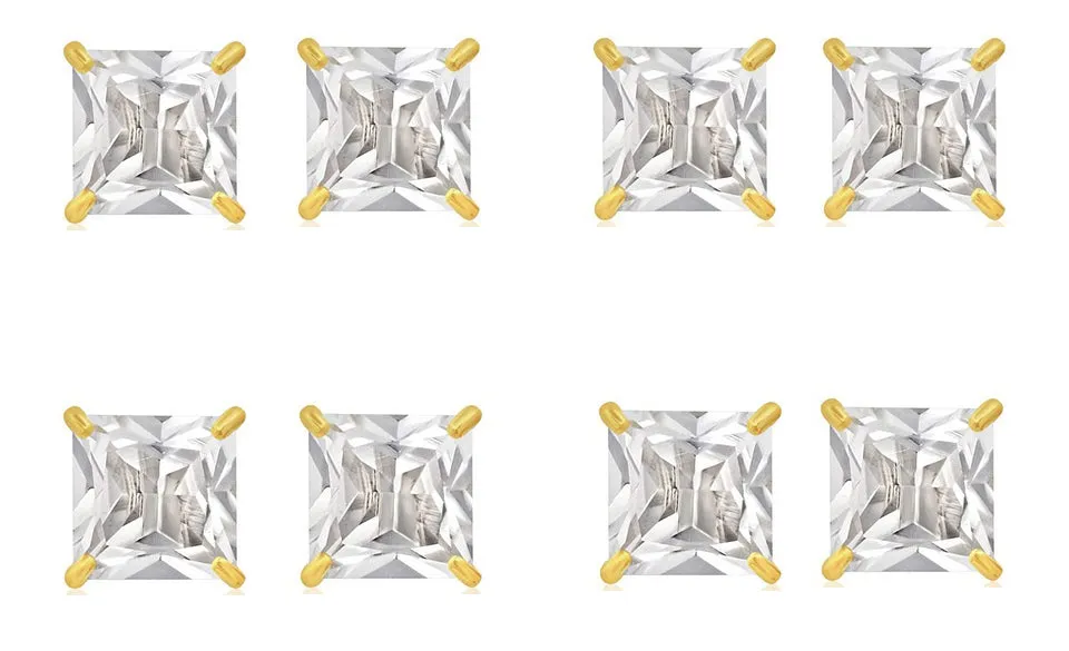 18k Yellow Gold Plated 1/2Ct Square Cut White Sapphire Set Of Four Stud Earrings