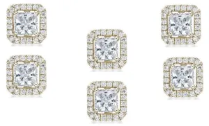 18k Yellow Gold Plated 3Ct Princess Cut White Sapphire Set of Three Halo Stud Earrings