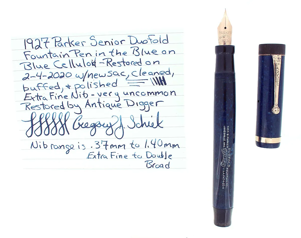 1927 PARKER SENIOR DUOFOLD BLUE ON BLUE LAPIS FOUNTAIN PEN XF-BB NIB RESTORED