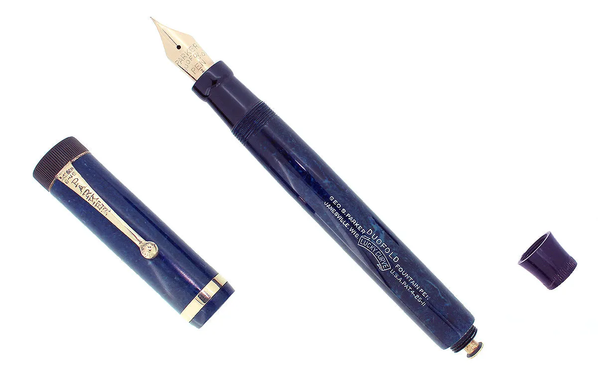 1927 PARKER SENIOR DUOFOLD BLUE ON BLUE LAPIS FOUNTAIN PEN XF-BB NIB RESTORED