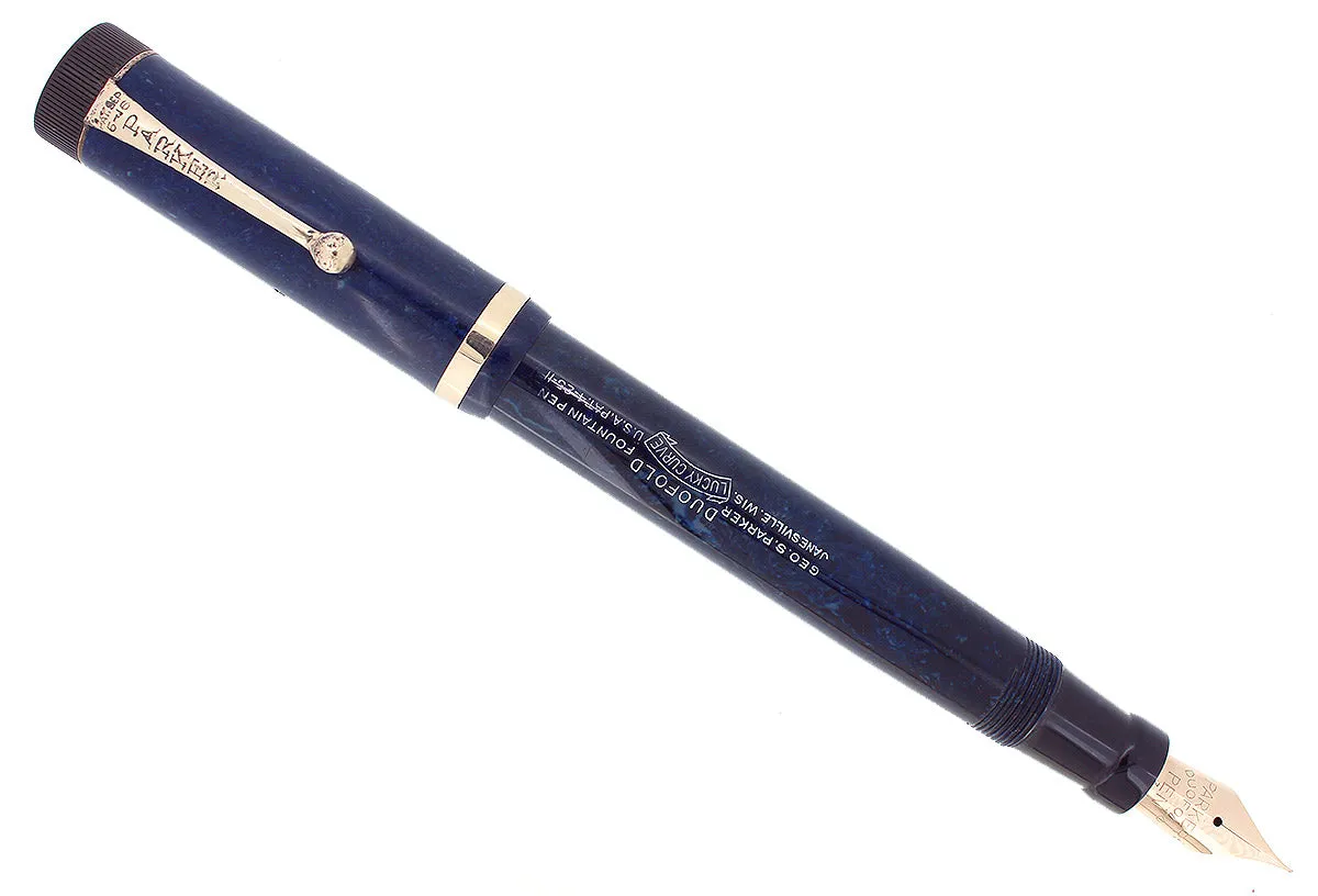 1927 PARKER SENIOR DUOFOLD BLUE ON BLUE LAPIS FOUNTAIN PEN XF-BB NIB RESTORED