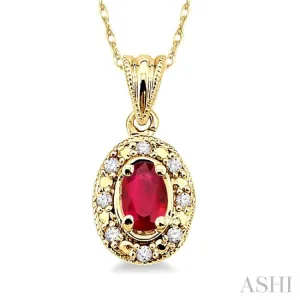 5x3mm Oval Shape Ruby and 1/20 Ctw Single Cut Diamond Pendant in 14K Yellow Gold with Chain