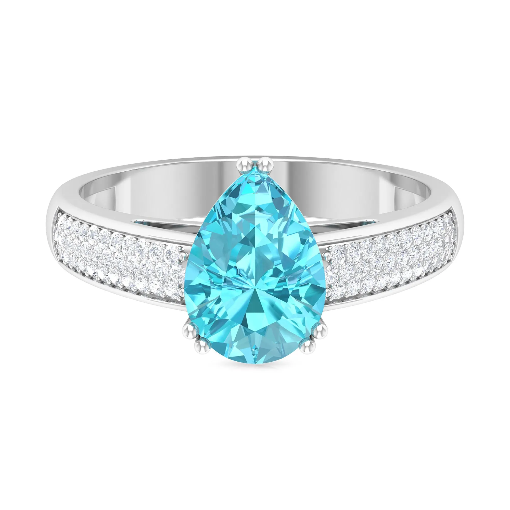 7X10 MM Pear Shape Swiss Blue Topaz Ring with Diamond