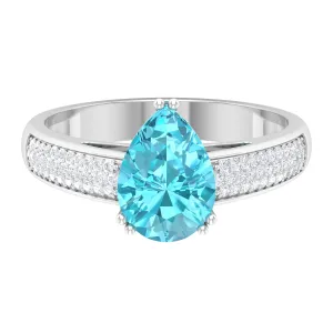 7X10 MM Pear Shape Swiss Blue Topaz Ring with Diamond