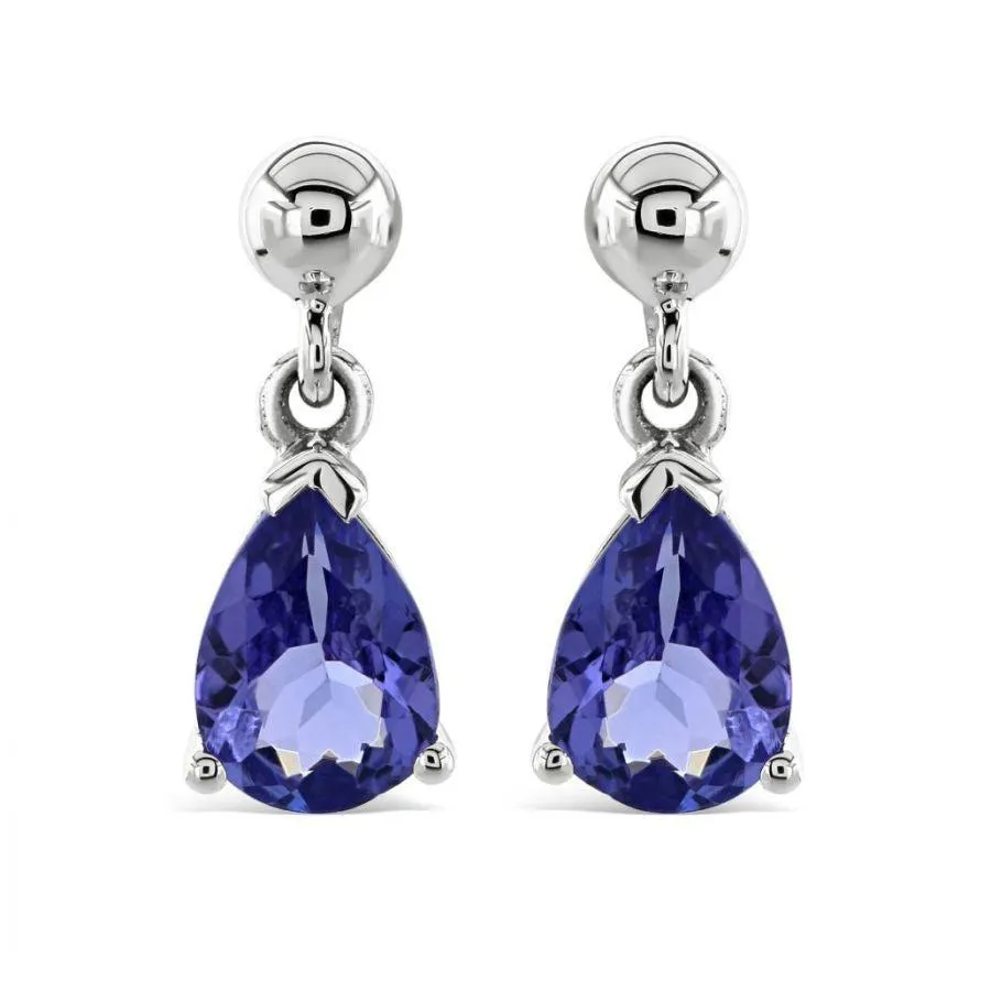 9ct White Gold Pear Cut Tanzanite Drop Earrings