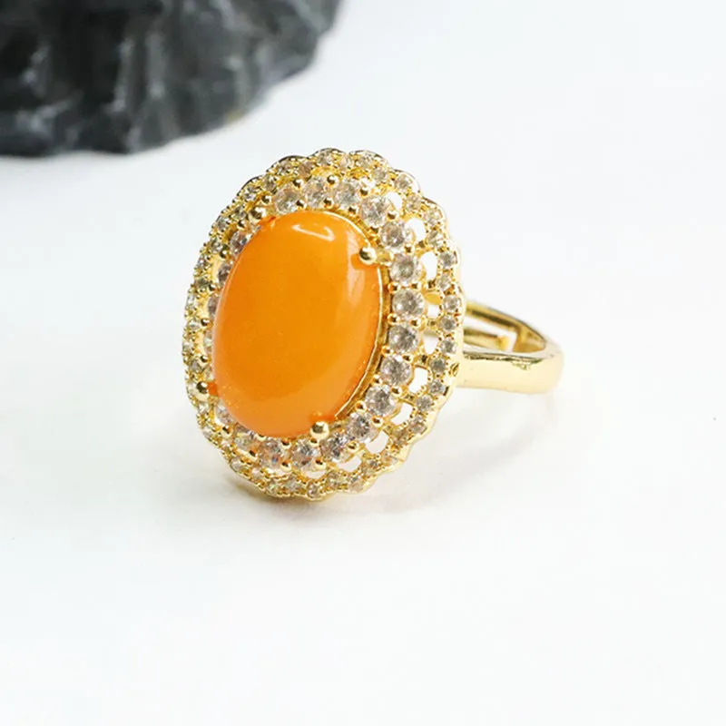 Amber Beeswax Sterling Silver Ring with Zircon Halo Lace