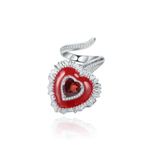 Angel Red Heart Natural Gemstones Opening Silver Ring