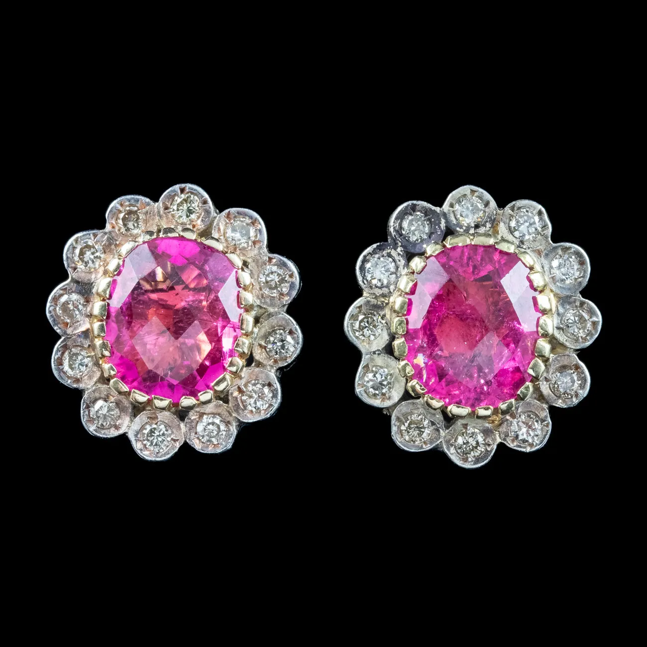 Antique Edwardian Pink Tourmaline Diamond Flower Stud Earrings 18ct Gold