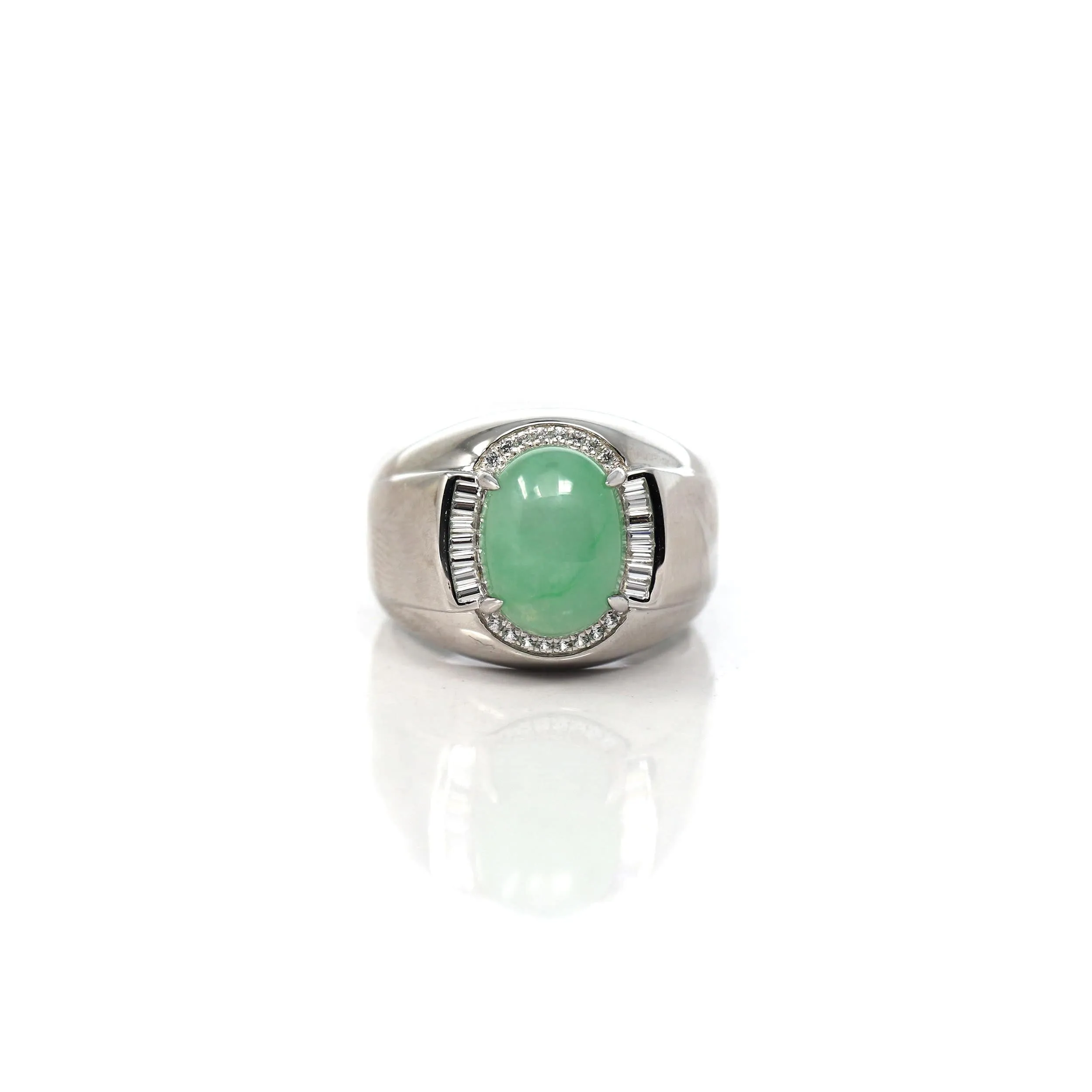 Baikalla™ Sterling Silver Genuine Green Jadeite Jade Men's Ring With Sapphire