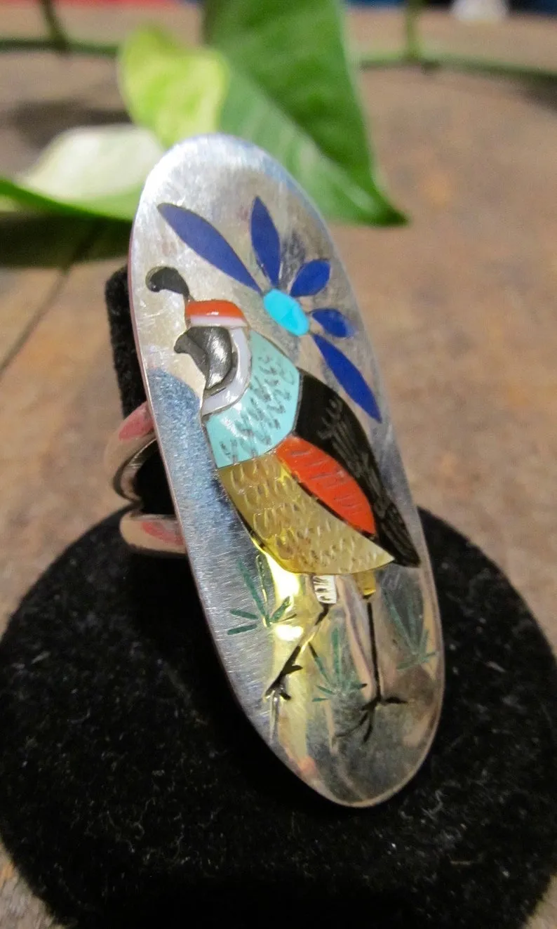 BIRD WATCHER Quail Bird and Flower Large Inlay Silver Ring, Sz 7