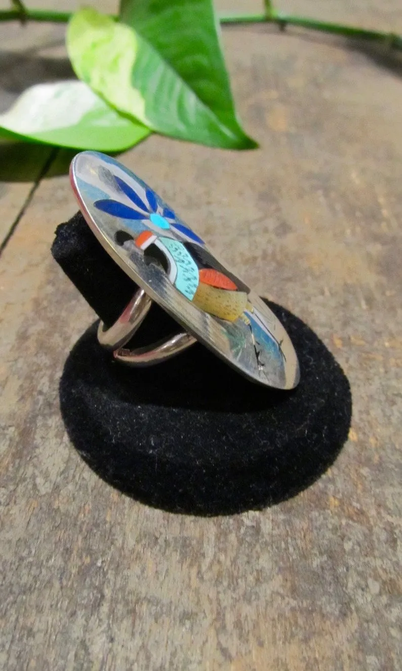 BIRD WATCHER Quail Bird and Flower Large Inlay Silver Ring, Sz 7