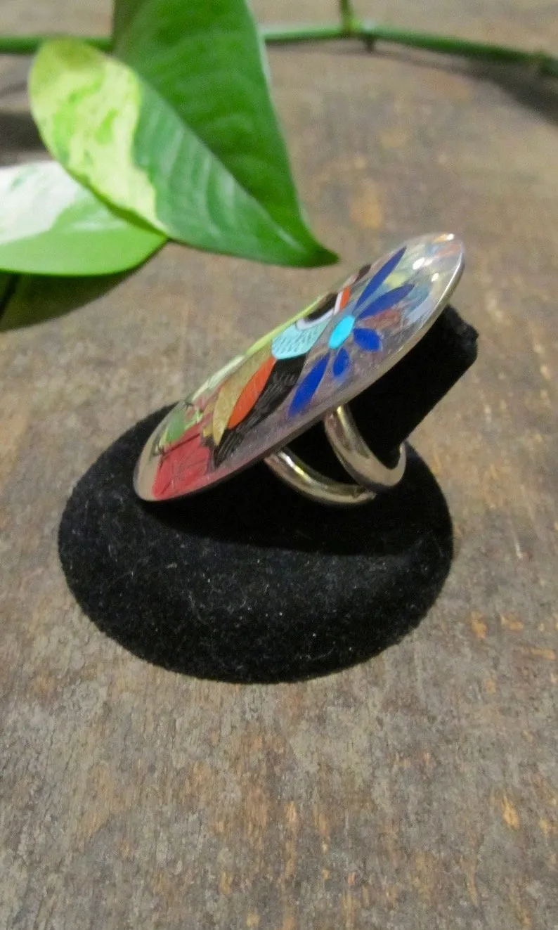 BIRD WATCHER Quail Bird and Flower Large Inlay Silver Ring, Sz 7