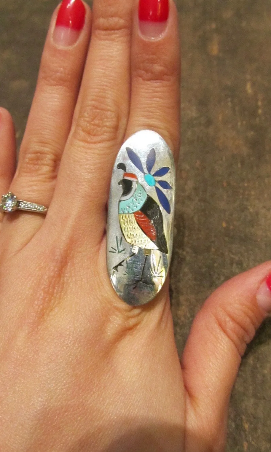 BIRD WATCHER Quail Bird and Flower Large Inlay Silver Ring, Sz 7