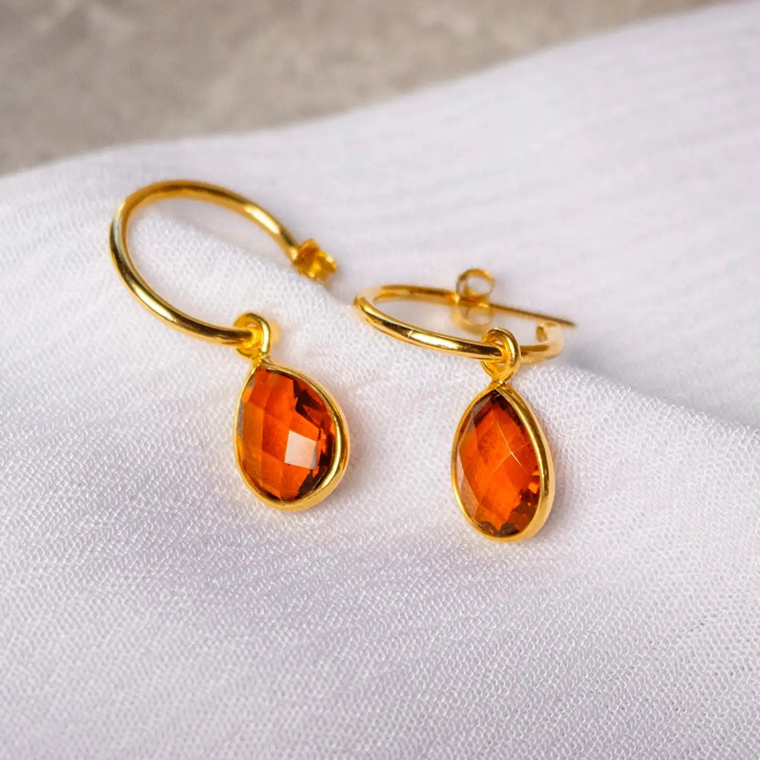 Carnelian Drop Hoop Earrings Gold July Birthstone