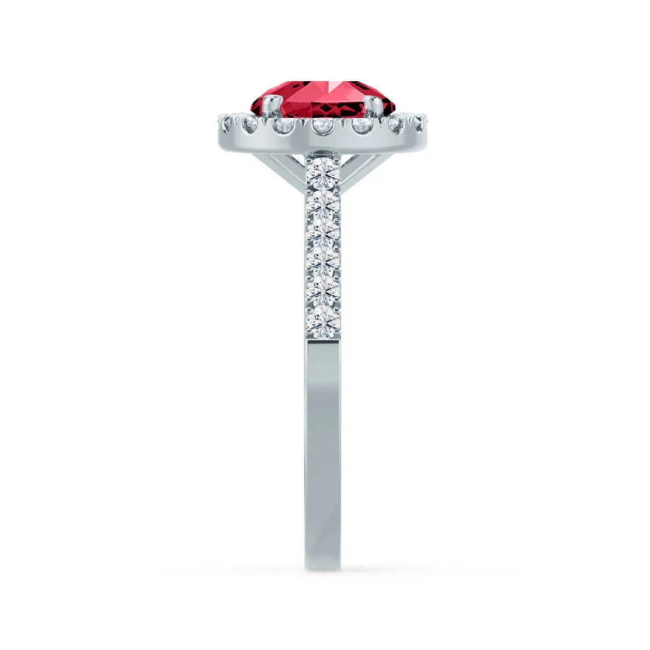 CECILY - Chatham® Lab Grown Red Ruby & Diamond 18k White Gold Halo Ring