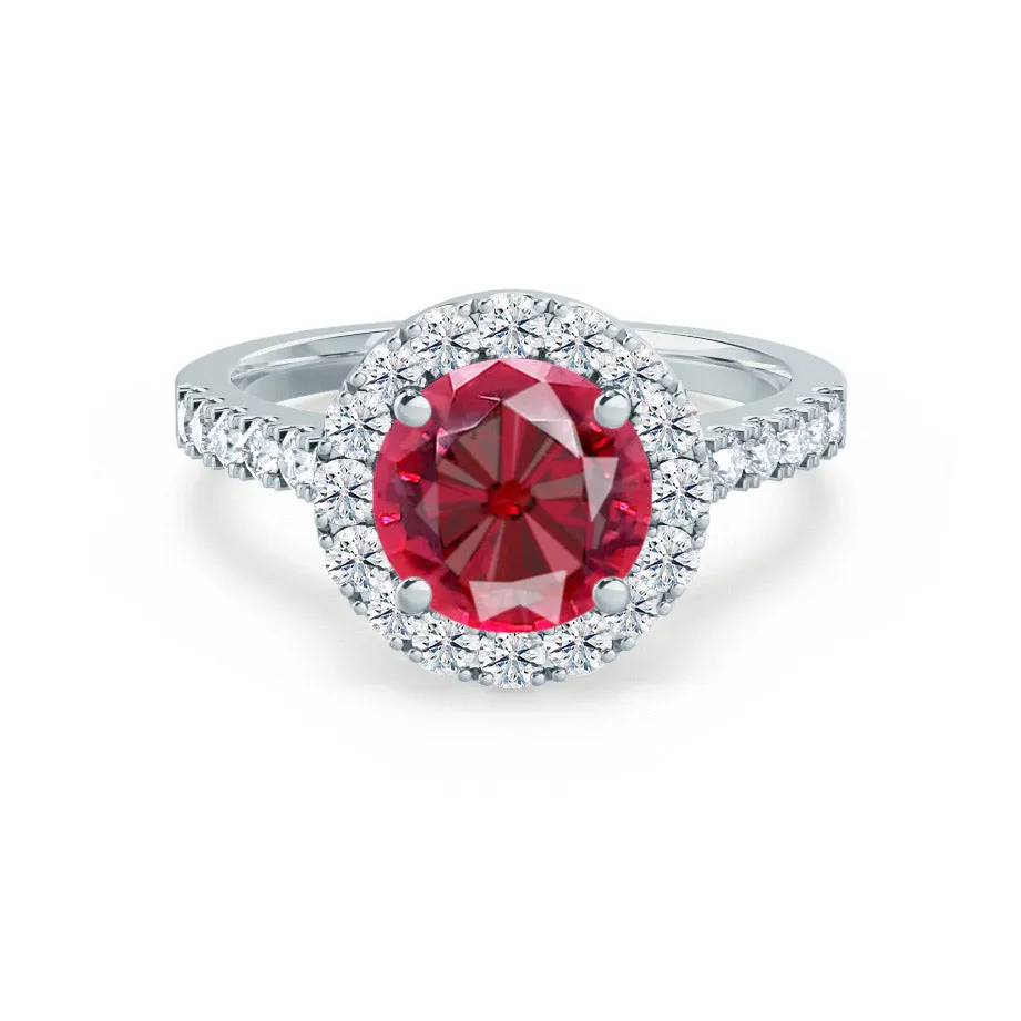 CECILY - Chatham® Lab Grown Red Ruby & Diamond 18k White Gold Halo Ring