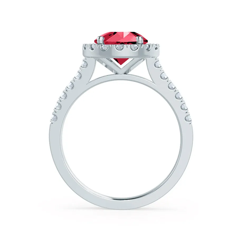 CECILY - Chatham® Lab Grown Red Ruby & Diamond 18k White Gold Halo Ring