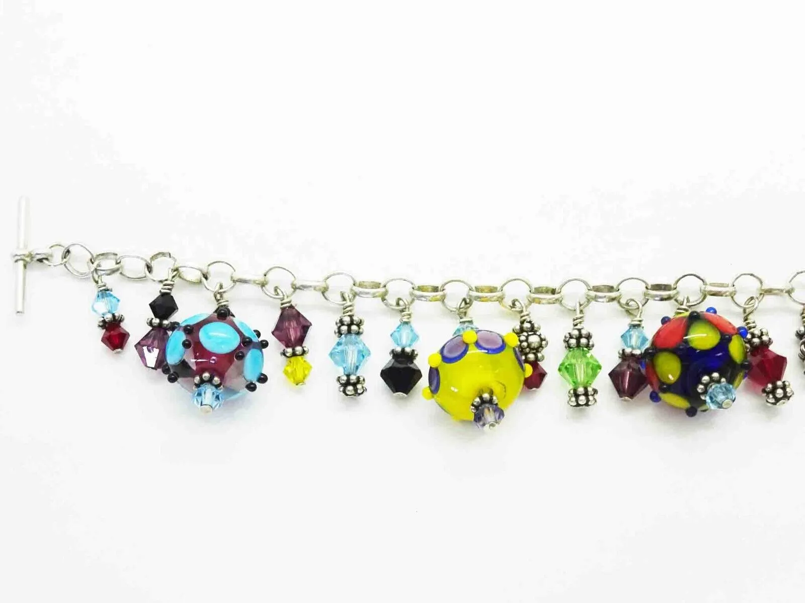 Colorful Murano Glass & Crystal Bead Charm Toggle Charm Bracelet Sterling Silver