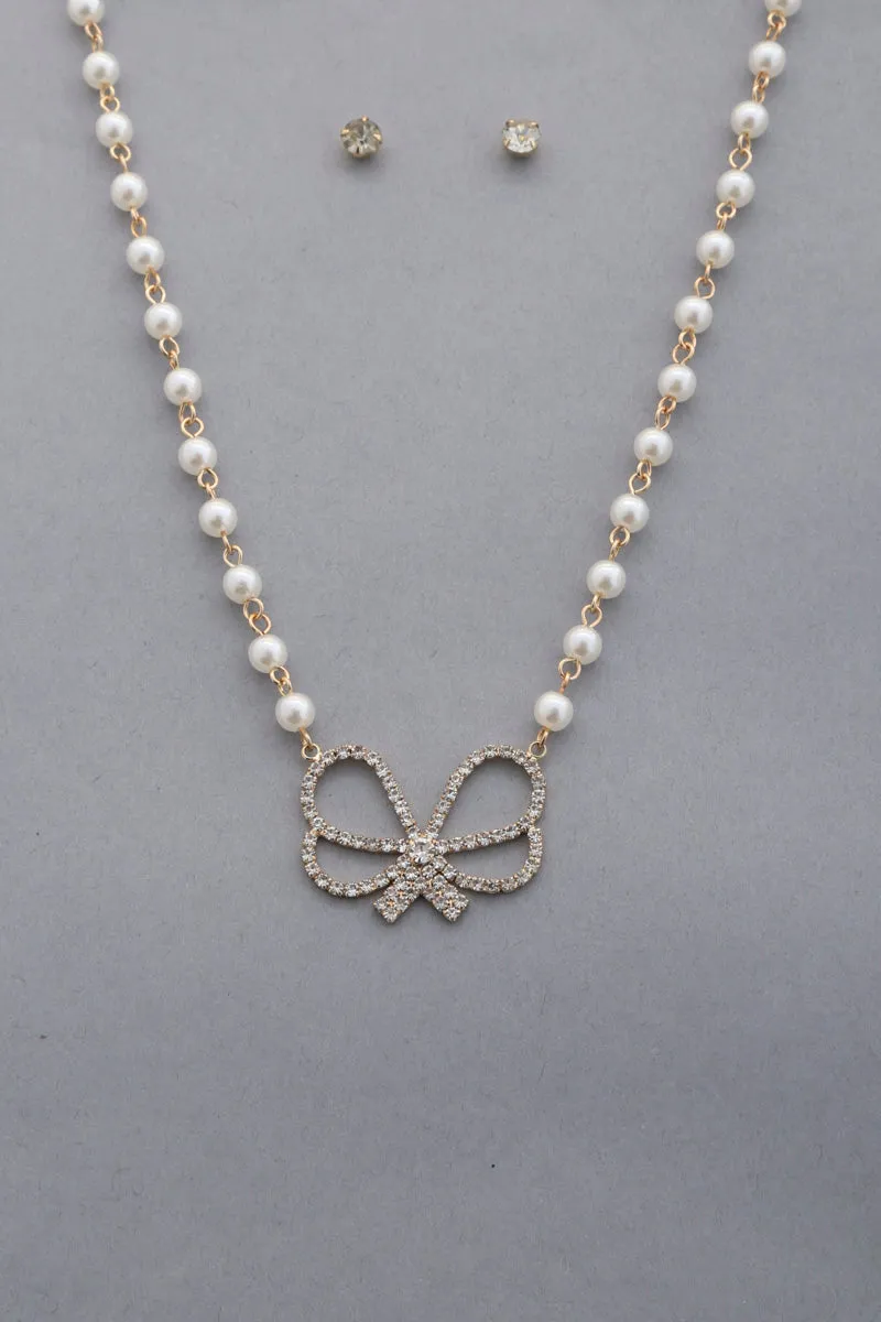 Crystal Bow Pearl Bead Necklace