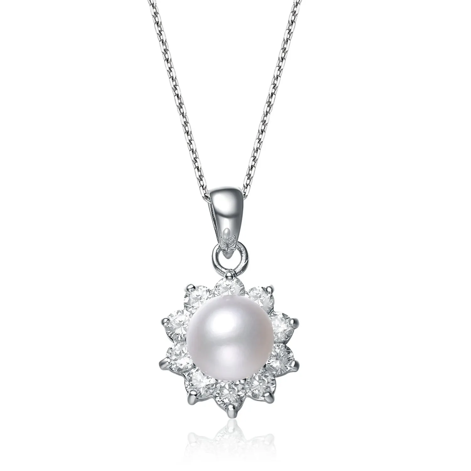 Cubic Zirconia Sterling Silver Round Flower Pearl Pendant