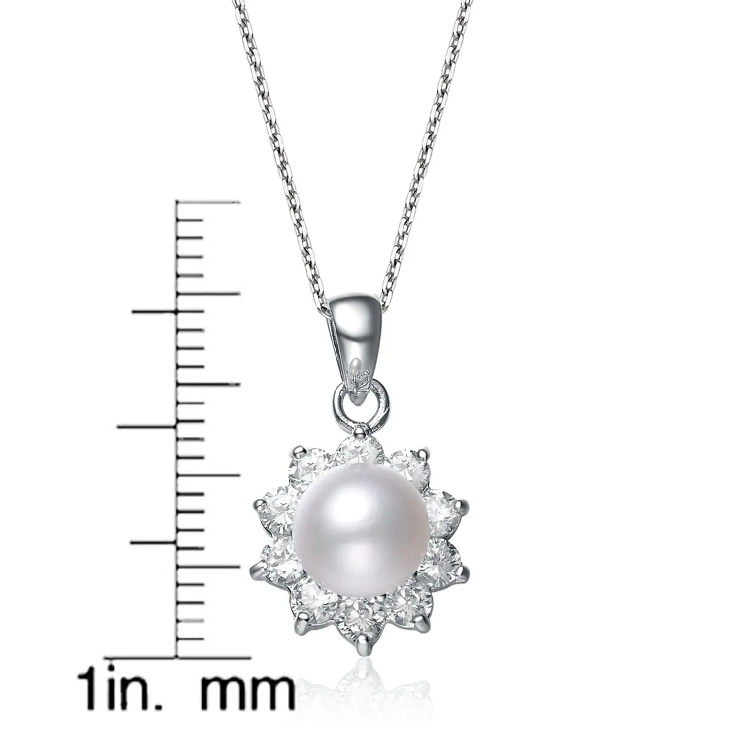 Cubic Zirconia Sterling Silver Round Flower Pearl Pendant