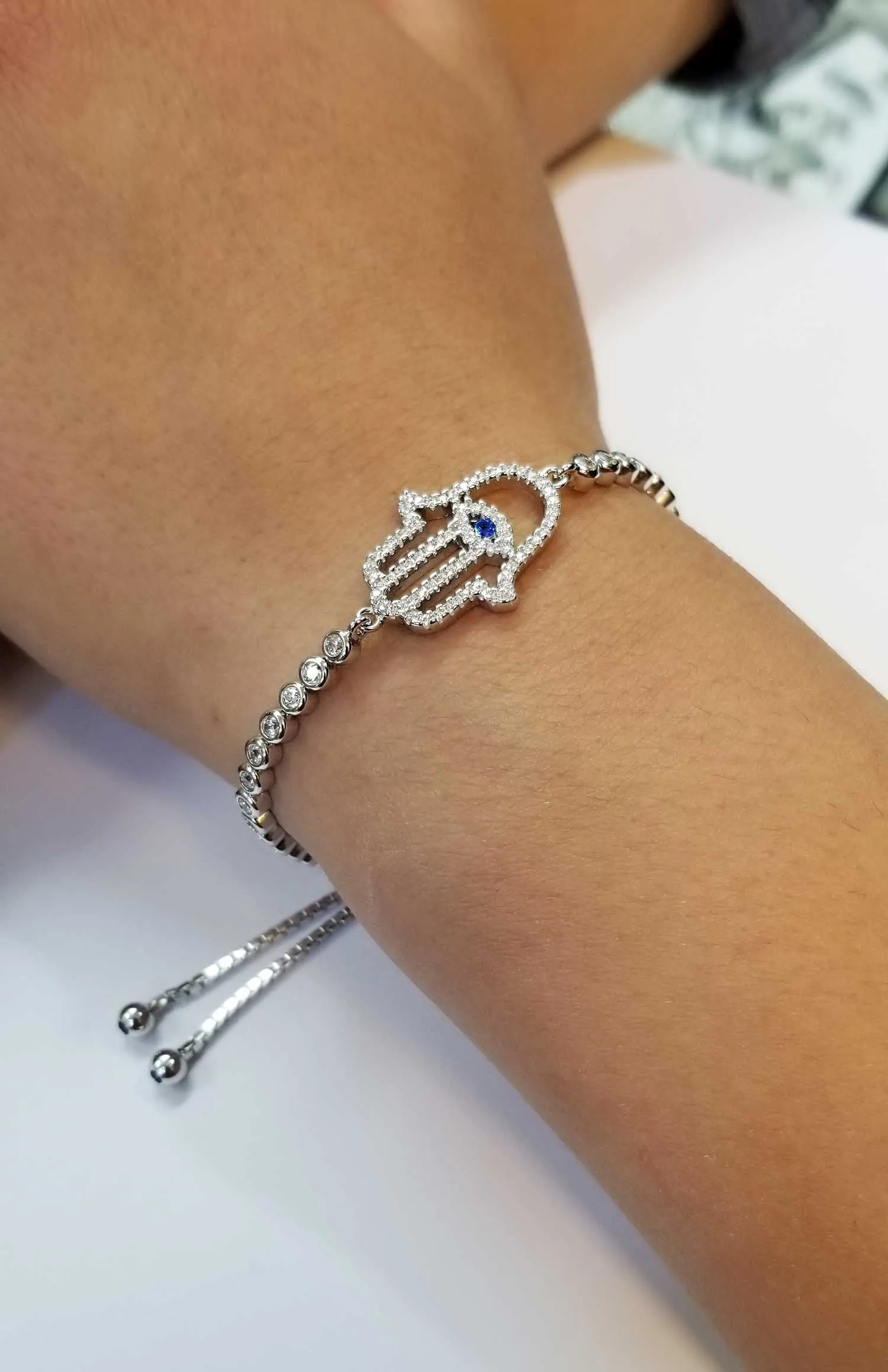 CZ Hamsa Hand Protection Kabbalah Bracelet in Sterling Silver